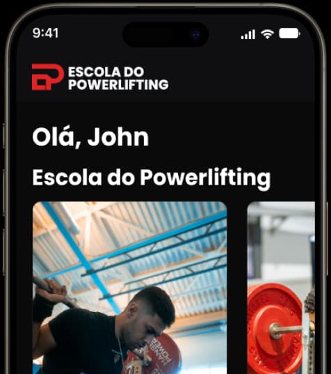 Celular com interface da Escola do Powerlifting.